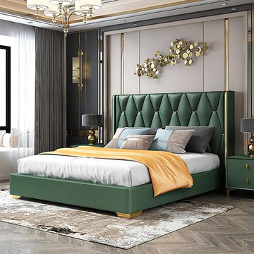 Queen Upholstered Platform Bed Green Low Profile Bed with Wood Slats